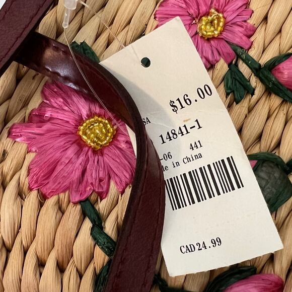 Woven Straw Purse Shoulder Bag Purse Embroidered Pink Flowers 10x7x5 in New - Picture 5 of 8